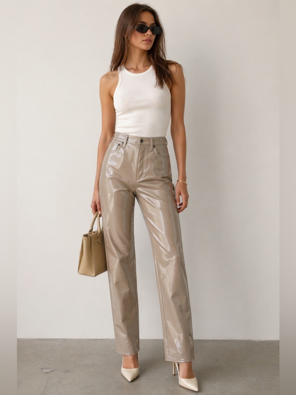 AGOLDE 90s Pinch Waist Recycled Leather Pants Taupe Patent High Rise 28